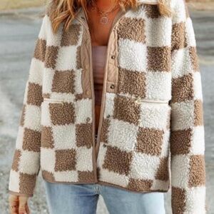 Cozy Checkered Teddy Jacket in Brown and Cream